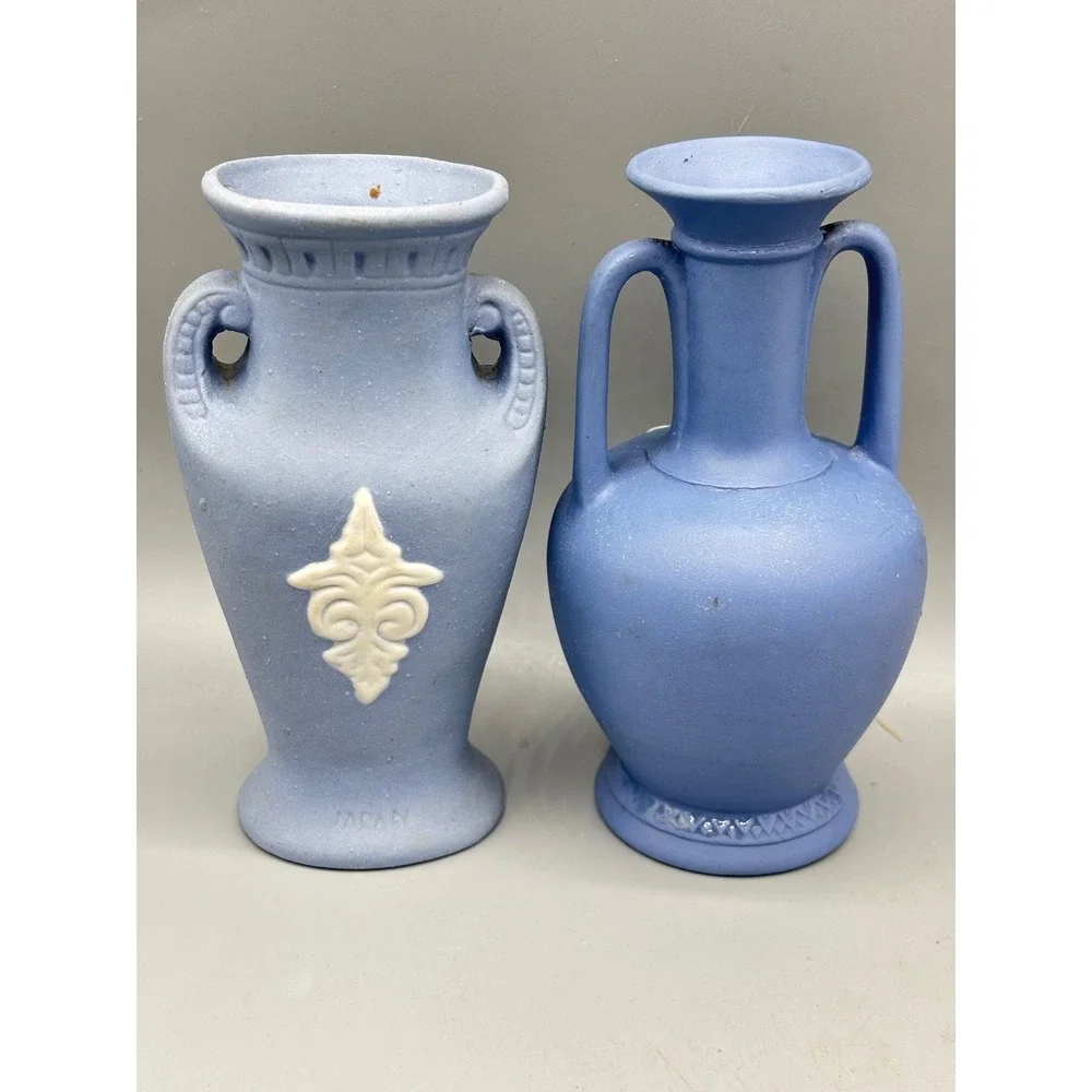 Vtg Blue Jasperware Wedgwood Style‎ Vases Pair Decorative Collectible Porcelain